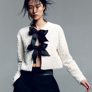 H&M viral bloggers fav white sequin black bow ribbon tie front cardigan / blouse